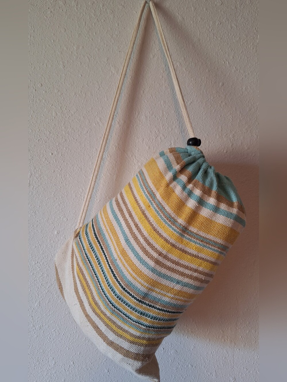 Striped Cotton Hammock With Drawstring Sling Bag - Yellow & Aqua